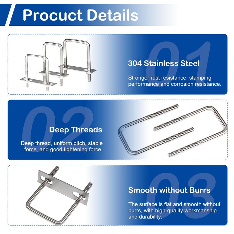 MroMax 6Pcs Square U-Bolts 1 Inch Inner Width, M6 x 25 x 50mm 304 Stainless Steel U Bolts with Frame Plates and Nuts, 2 Inch Length Mini Metal U Bolt for for Camper Trailer Marine Boat - Image 5